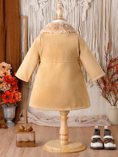 Baby Girls' Elegant Vintage Woolen Coat With Collar, Autumn And Winter