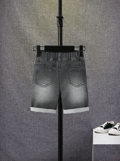SHEIN Baby Boy New Street Cool Fashion Elastic Waist Band Comfortable Irregular Distressed Mid Waist Grey Rolled Hem Denim Shorts