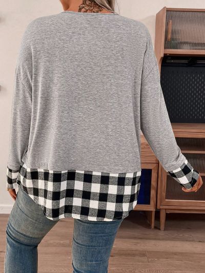 Plus Size Plaid Patchwork Long Sleeve Casual Top