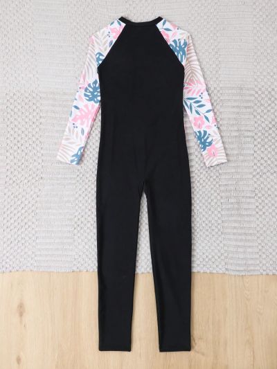 Girls' (Big) One Piece Swimsuit With Tropical Pattern Patchwork Long Sleeves And Pants