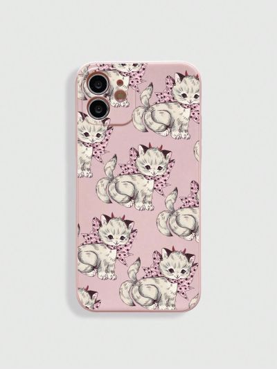 NKTN Sweet Three-Tailed Cat Painting Pink Phone Case Protective Cover Compatible With Iphone 12 13 14 Series