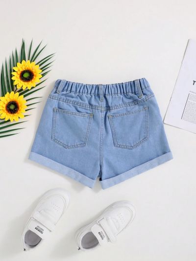 SHEIN Tween Girls' Washed Casual Fashionable Cherry Print Denim Shorts With Cute Schoolgirl Style