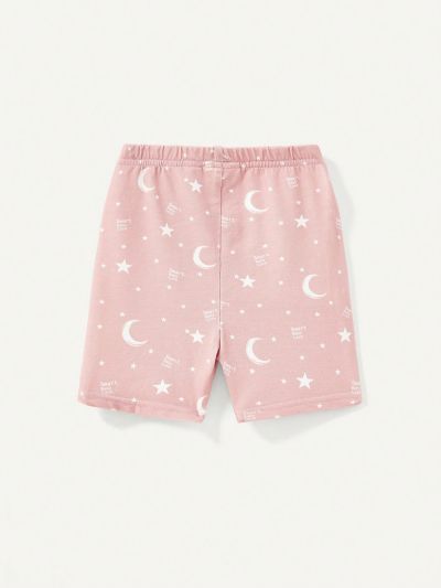 Cozy Cub Baby Girl Moon And Stars Pattern Short Sleeve Round Neck Top With Casual Shorts Home Wear Set