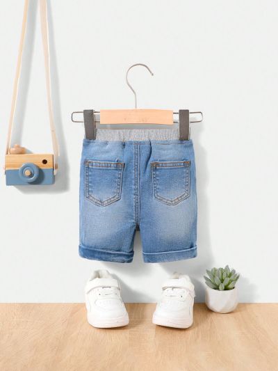 SHEIN Baby Boy's Elastic Slim Water Wash Comfortable Casual Denim Capri Pants