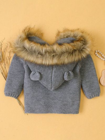 Baby Boy Pocket Front Double Breasted Fuzzy Trim Hooded Cardigan