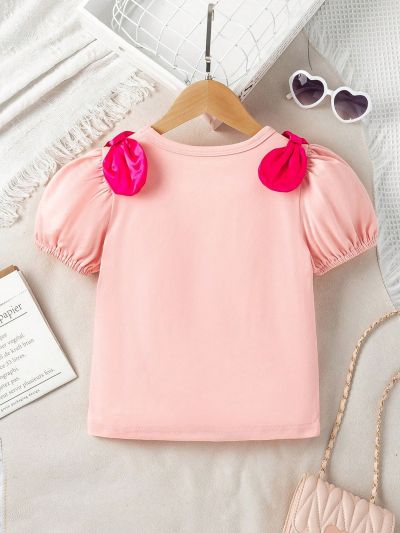 SHEIN Kids QTFun Toddler Girls' Color Block Bowknot & Puff Short Sleeve T-Shirt