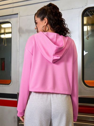 Street Sport Letter Print Drawstring Hooded Cropped Sweatshirt