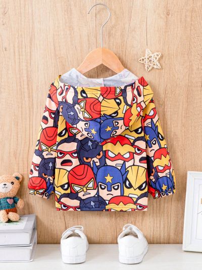 SHEIN Baby Boy Casual Sports Streetwear Cute Cartoon Print Hooded Jacket For Outdoors