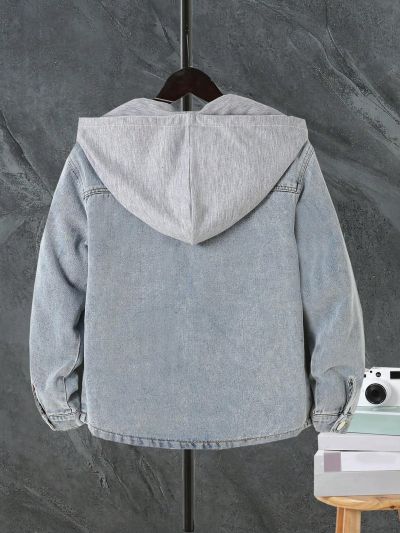 Tween Boy 1pc Flap Pocket Hooded Denim Jacket