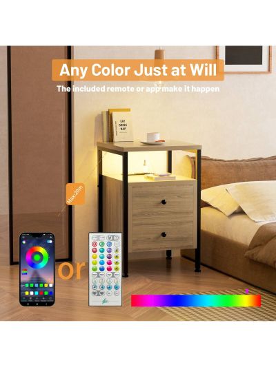 GINRGINR LED Nightstand Charging Station, Wood Nightstand with 2 Deep Drawers & Shelves,  Bed Side End Table for Bedroom & Living Room, Rustic Brown, Rustic Grey, 15.7"D x 15.7"W x 24"H