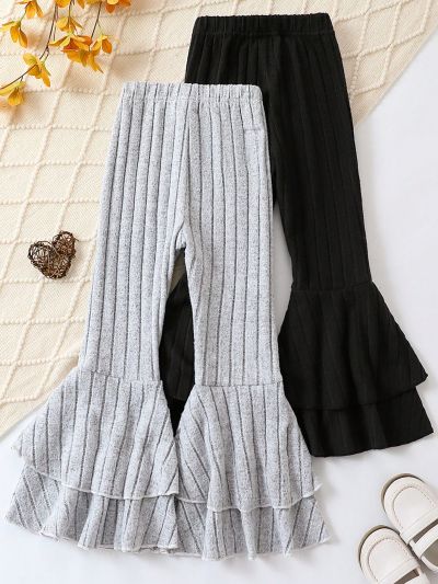 SHEIN Kids EVRYDAY Tween Girls Comfortable Knitted Multi-Piece Set With Flared Pants For Autumn And Winter