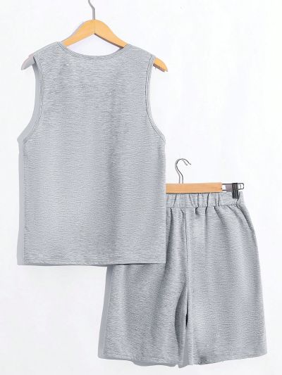 SHEIN Teen Boys' Casual Sets, Solid Color Vest With Letter Pattern And Slanted Pockets Shorts, Summer