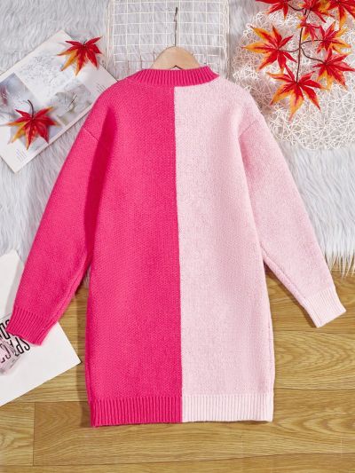 Little Girls' Color Block Heart Pattern Round Neck Sweater Dress With Drop Shoulder