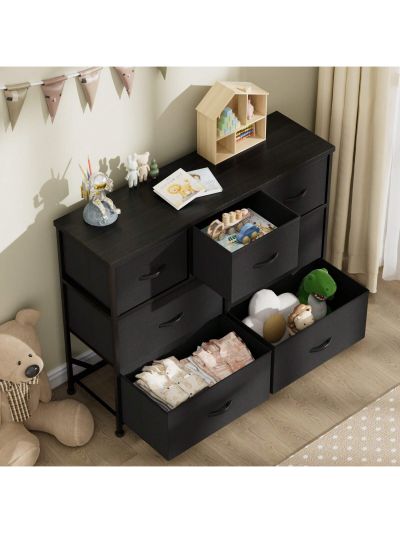 Furmax Fabric Dresser, Dresser for Bedroom Storage Drawers Tall Dresser Storage Tower with 7 Drawers, Chest of Drawers with Fabric Bins, Wooden Top, Steel Frame for Bedroom, Closet, TV Stand, Entryway
