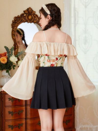 SHEIN Teen Girls' Jacquard Woven Chiffon Off Shoulder Top With Spaghetti Straps