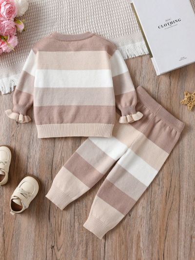 Baby Color Block Knitted Sweater With Ruffle Sleeves And Long Pants Set