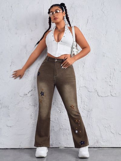 SHEIN ICON Women's Plus Size Floral Embroidery Washed Flare Jeans