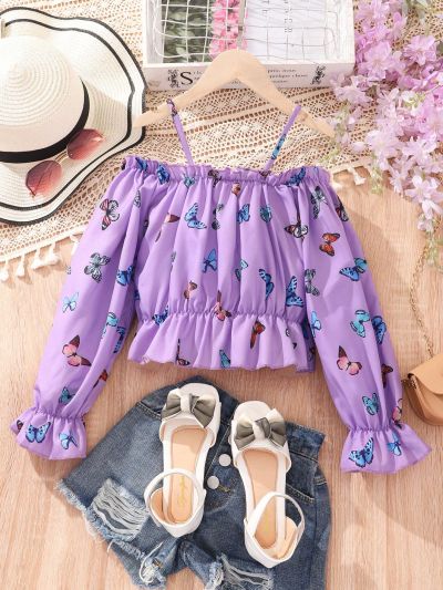 SHEIN Kids SUNSHNE Girls' Sleeveless Butterfly Print Shirt With Ruffled Hemline