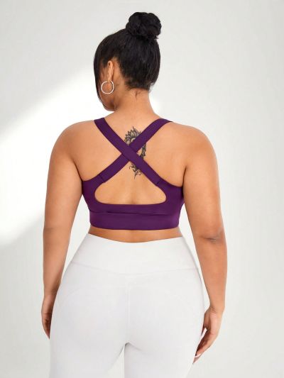 Yoga Futuristic Plus Size Solid Color Twist Knot Hollow Out Sports Bra