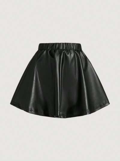 SHEIN Kids SUNSHNE Little Girls' Woven Pure Color Loose Fit Faux Leather Casual Holiday Skirt