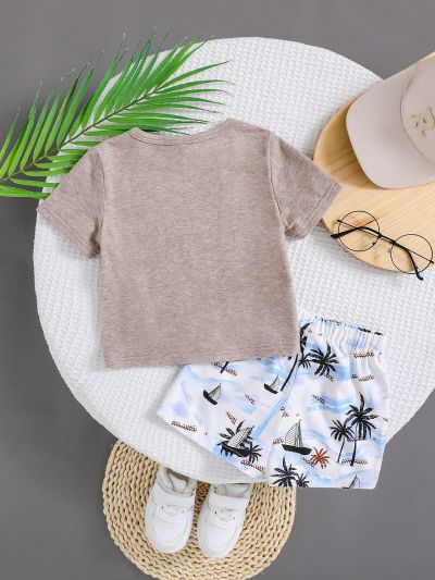 SHEIN Baby Boy Casual Vacation Palm Tree Print Short Sleeve Top And Shorts Set