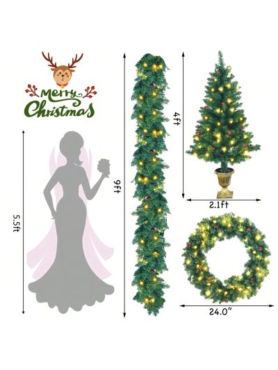 Gymax 4PCS Pre-Lit Artificial Christmas Decoration Set Holiday Decor w/ LED Lights