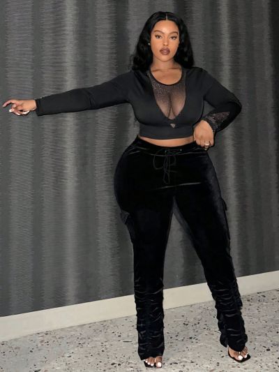 SHEIN Slayr Plus Size Long Sleeve Mesh Patchwork T-Shirt