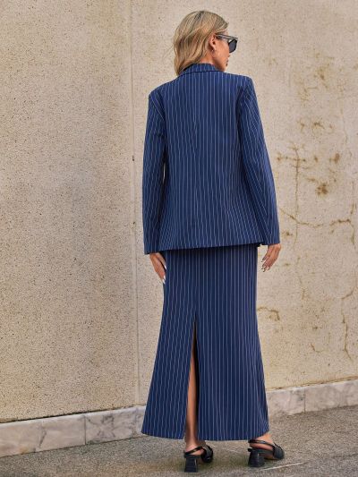 SHEIN Privé Women's Striped Long Sleeve Blazer Vest And Skirt Three Piece Suit