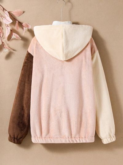 Teen Girl Color Block Drop Shoulder Hooded Flannel Jacket Without Sweater