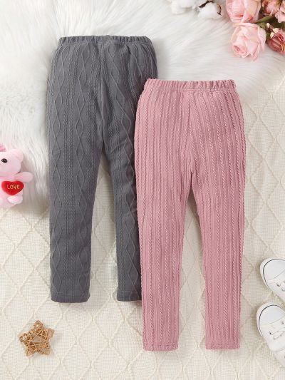 SHEIN Kids QTFun Toddler Girls' Solid Color Straight Pants With Jacquard Design, 2pcs/Set, Spring/Autumn