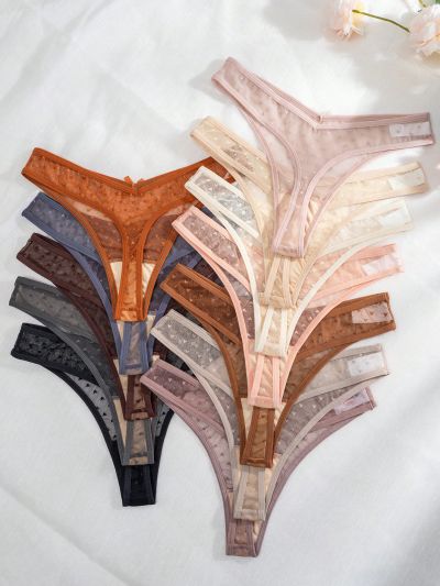 12pcs/Pack Heart Embroidered Mesh Thong Underwear