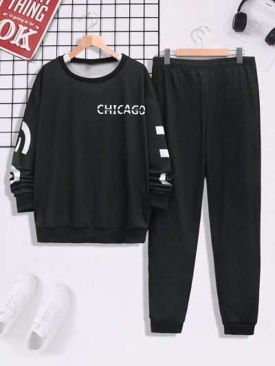 Men'S Letter Printed Two Piece Set For Autumn And Winter