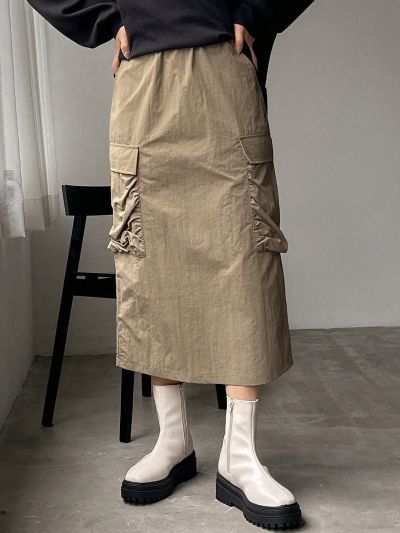 FRIFUL Women'S Solid Color Flap Pocket Casual Skirt