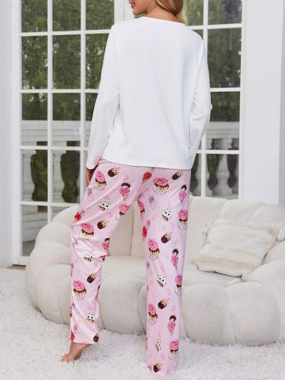 New Simple Style Donut Printed Pink Mother & Daughter Matching Long Sleeve Long Pants Homewear Set