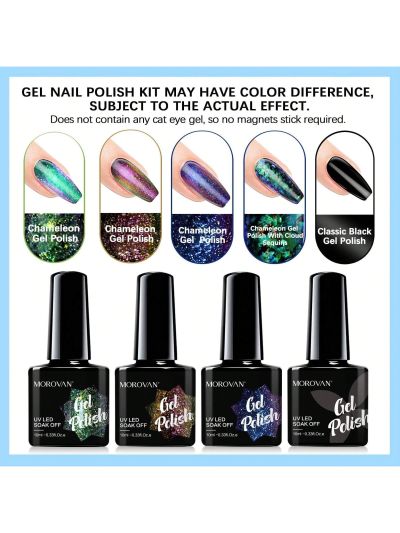Morovan Gel Nail Polish Kit: Chameleon Gel Nails Polish Set with Base Coat & Top Coat-4 Colors Chameleon Blue Green Orange Classic Black Gel Polish