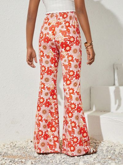 SHEIN Kids Cooltwn Tween Girls' Everyday Casual Knit Floral Flared Pants For Spring/Summer