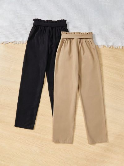 SHEIN Kids Nujoom Tween Girls' Casual Straight Wide Leg Pants With Paper Bag Waist (multiple Colors)