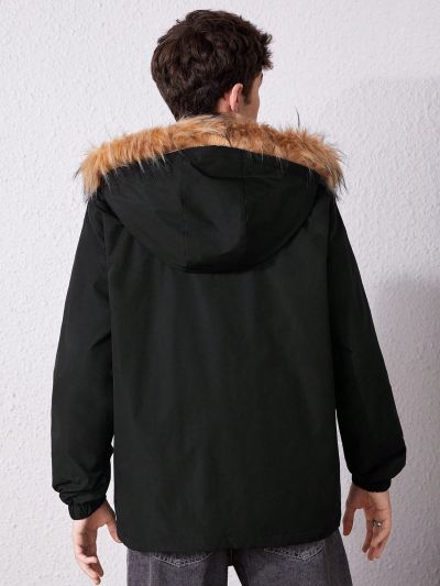 SHEIN Teen Boy Zip Up Fuzzy Trim Hooded Winter Coat