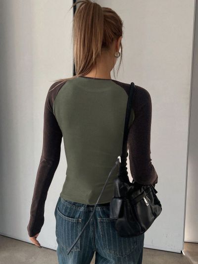 DAZY Spring Round Collar Stretchy Color Block Patch Shoulder Raglan Long Sleeved T-Shirt