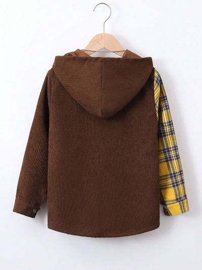 SHEIN Kids EVRYDAY Tween Boy Casual Hooded Cardigan With Plaid Patchwork