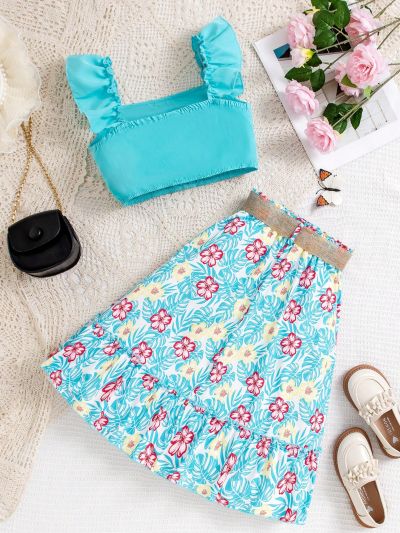 SHEIN Kids SUNSHNE Big Girls' Short Sleeve Top & Floral Printed Skirt Set