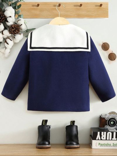 SHEIN Young Boy 1pc Letter Patched Detail Double Breasted Sailor Collar Overcoat