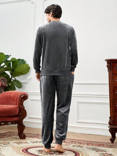 Men Crown Embroidery Flannel PJ Set