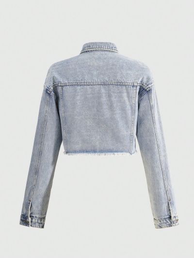 Teen Girl'S Street Cool Body Fit, No Stretch, Ripped, Washed Denim Jacket