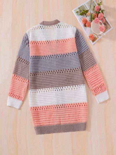 Tween Girl 1pc Color Block Striped Pattern Duster Cardigan