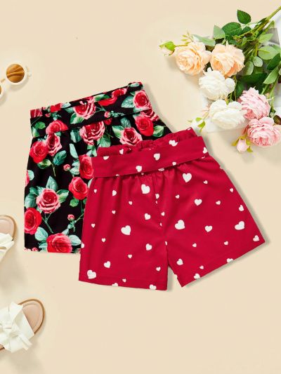 SHEIN Kids QTFun Toddler Girls' 2pcs Set Paper Bag Waist Belted Shorts