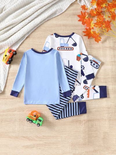 Young Boy's Simple Excavator Print Casual Two-Piece Set With Shirt, Pants And Long Sleeves For Home Wear
