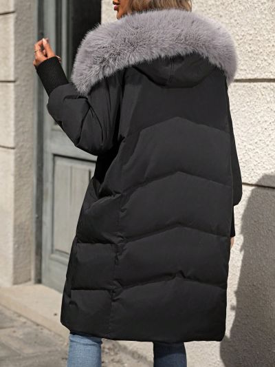 SHEIN LUNE Black Down Jacket With Threaded Splicing And Collar