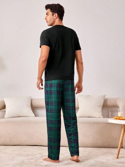 Men's Solid Color Short Sleeve T-shirt And Plaid Long Pants Homewear Set
