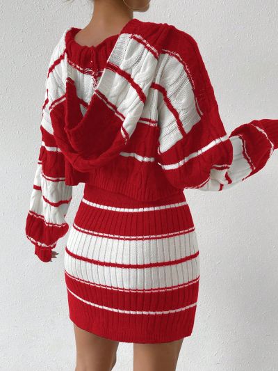 SHEIN Essnce Striped Pattern Drop Shoulder Hooded Sweater & Knit Skirt
